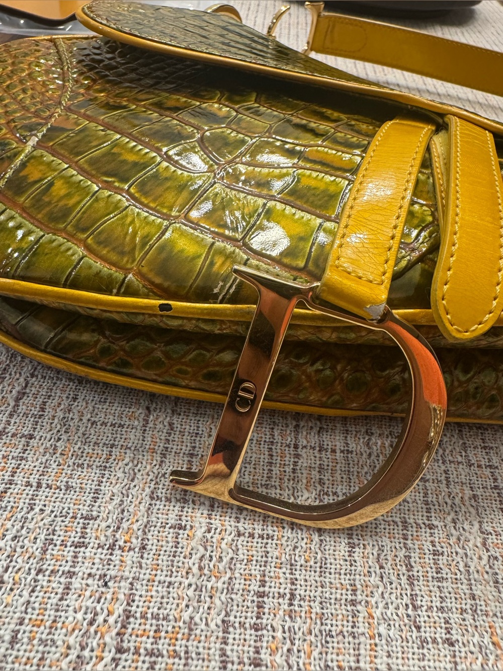 Rare Vintage Dior Saddle Bag with Yellow Croc-Embossed and Gold Hardware - Picture 5 of 16